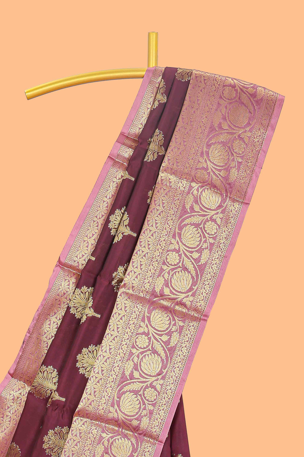 Maroon floral design zari butta raw silk saree with contrast zari border and pallu