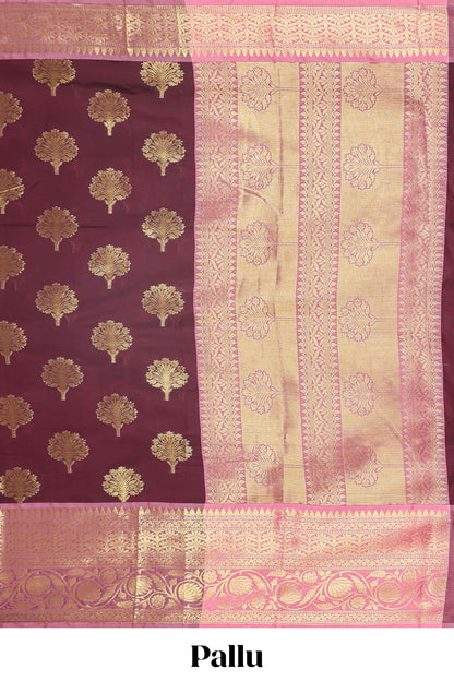 Maroon floral design zari butta raw silk saree with contrast zari border and pallu