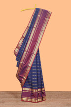 Blue zari striped raw silk saree with contrast bentex zari border and pallu