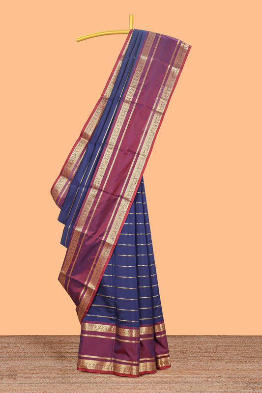 Blue zari striped raw silk saree with contrast bentex zari border and pallu