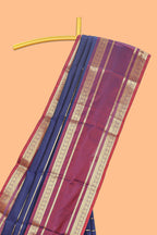 Blue zari striped raw silk saree with contrast bentex zari border and pallu