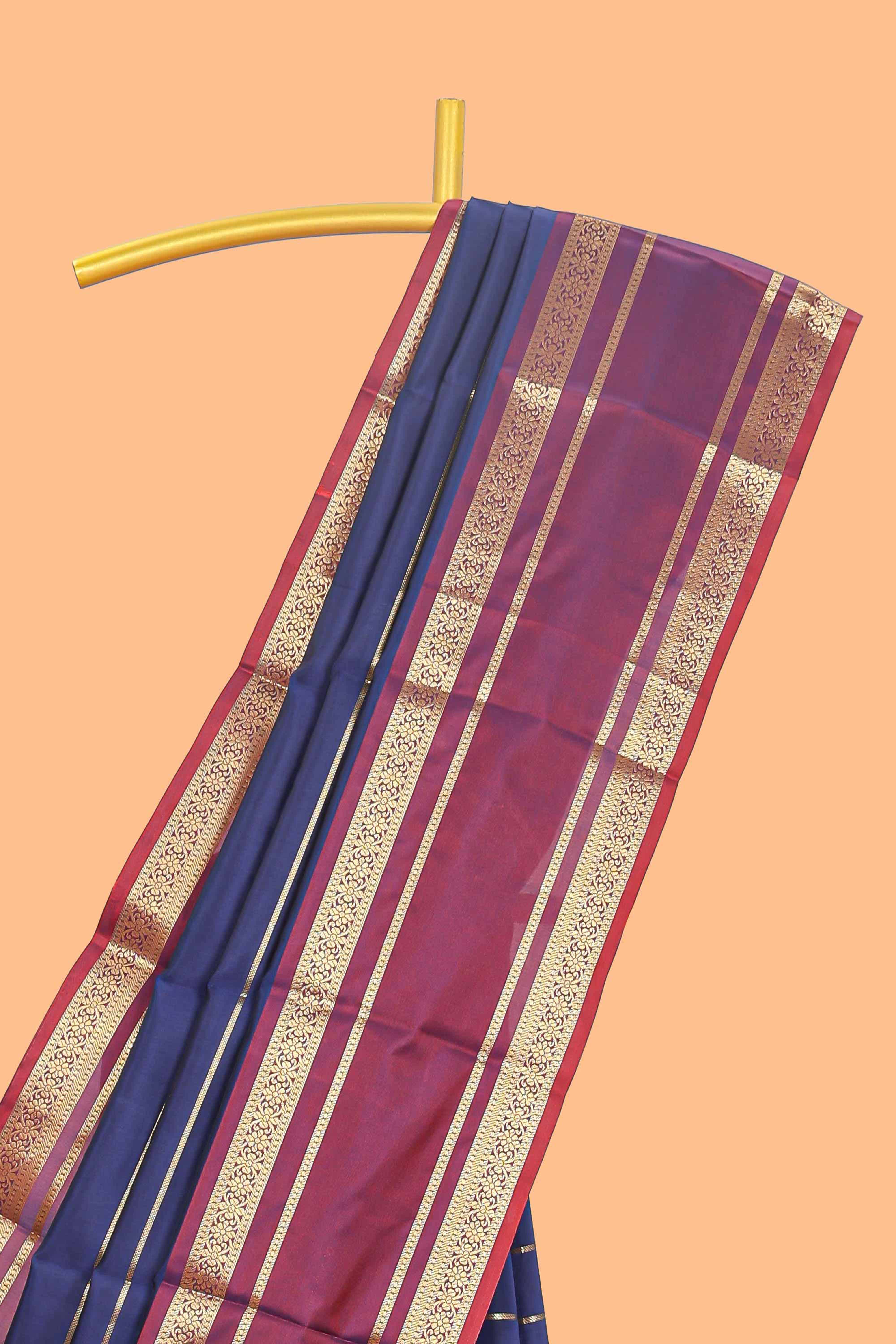 Blue zari striped raw silk saree with contrast bentex zari border and pallu