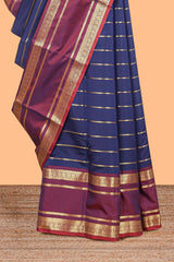 Blue zari striped raw silk saree with contrast bentex zari border and pallu