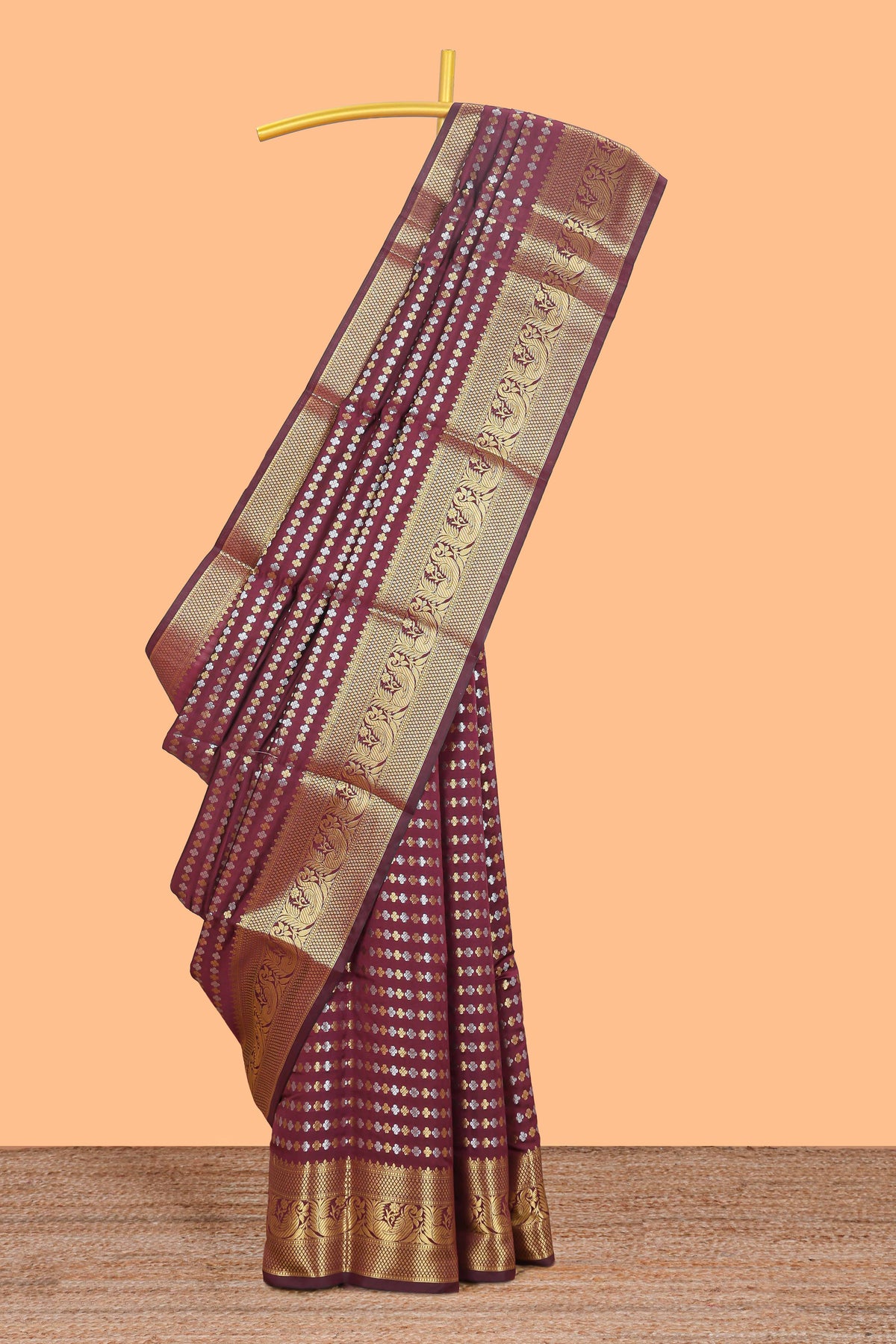 Maroon zari buttas raw silk saree with self zari border and matching blouse
