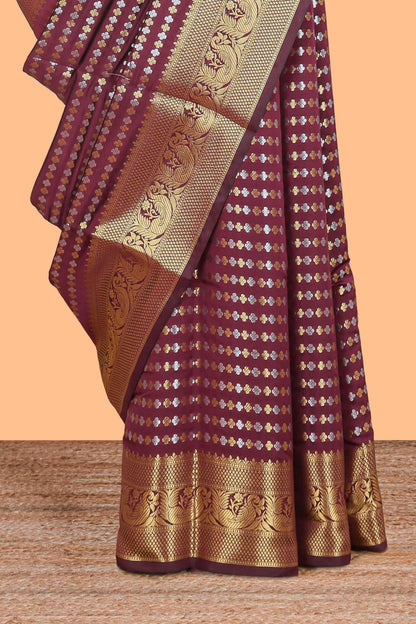 Maroon zari buttas raw silk saree with self zari border and matching blouse