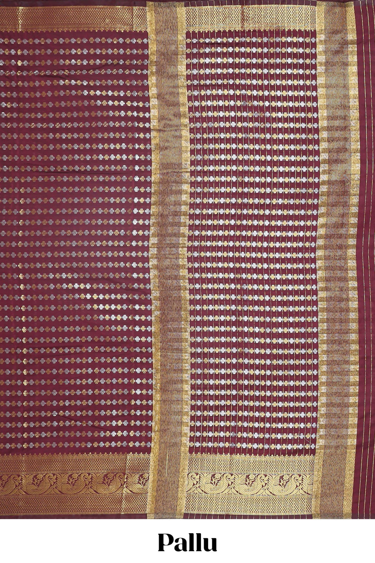 Maroon zari buttas raw silk saree with self zari border and matching blouse