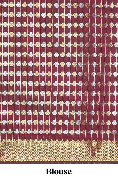 Maroon zari buttas raw silk saree with self zari border and matching blouse