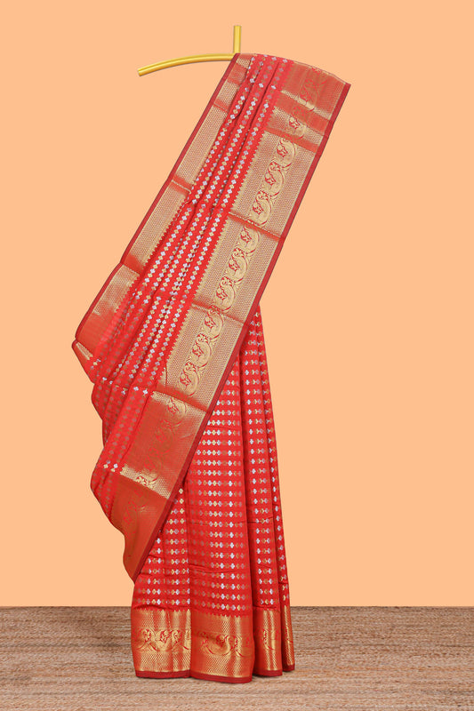 Red zari buttas raw silk saree with self zari border and matching blouse