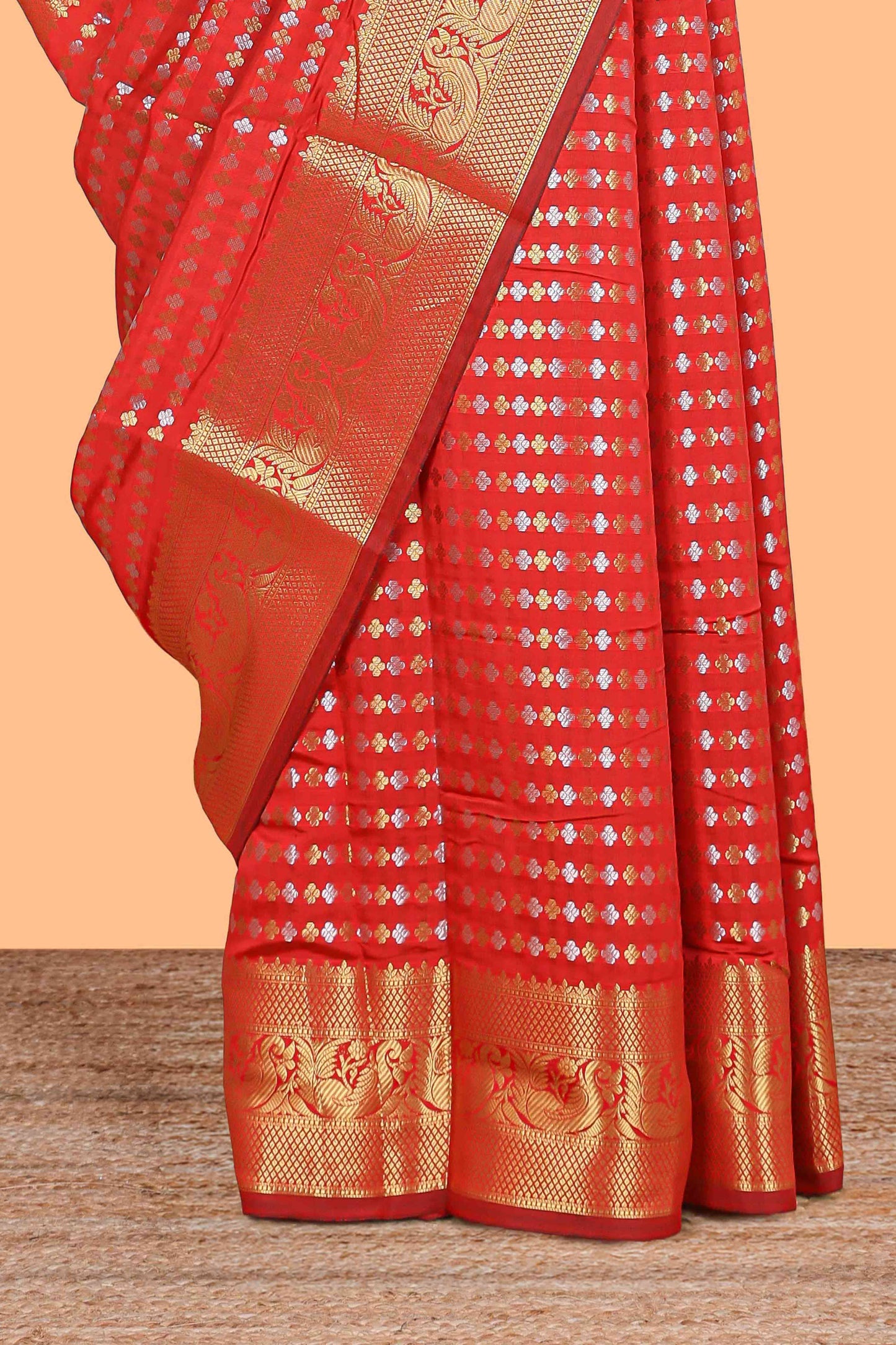 Red zari buttas raw silk saree with self zari border and matching blouse