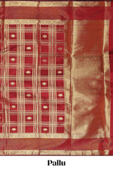 Red zari checks and buttas raw silk saree with self zari border and matching blouse