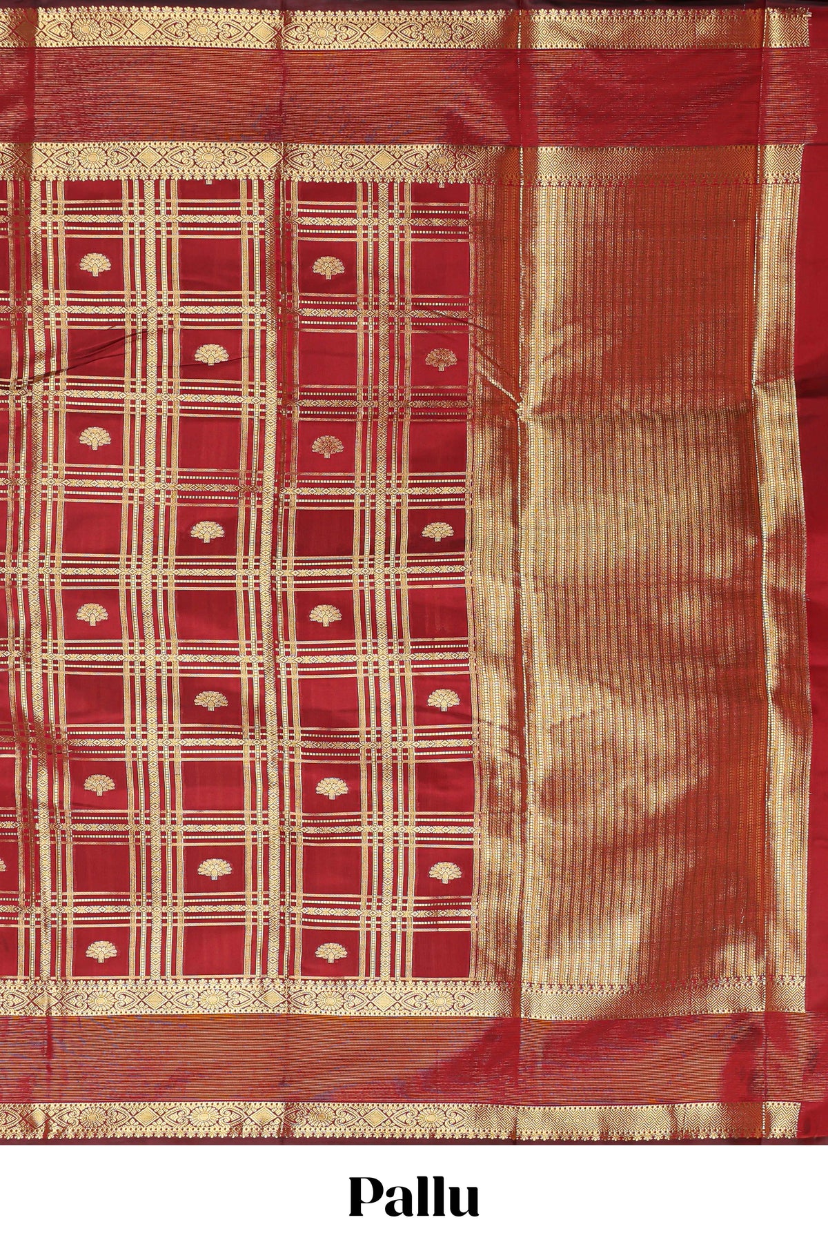 Red zari checks and buttas raw silk saree with self zari border and matching blouse
