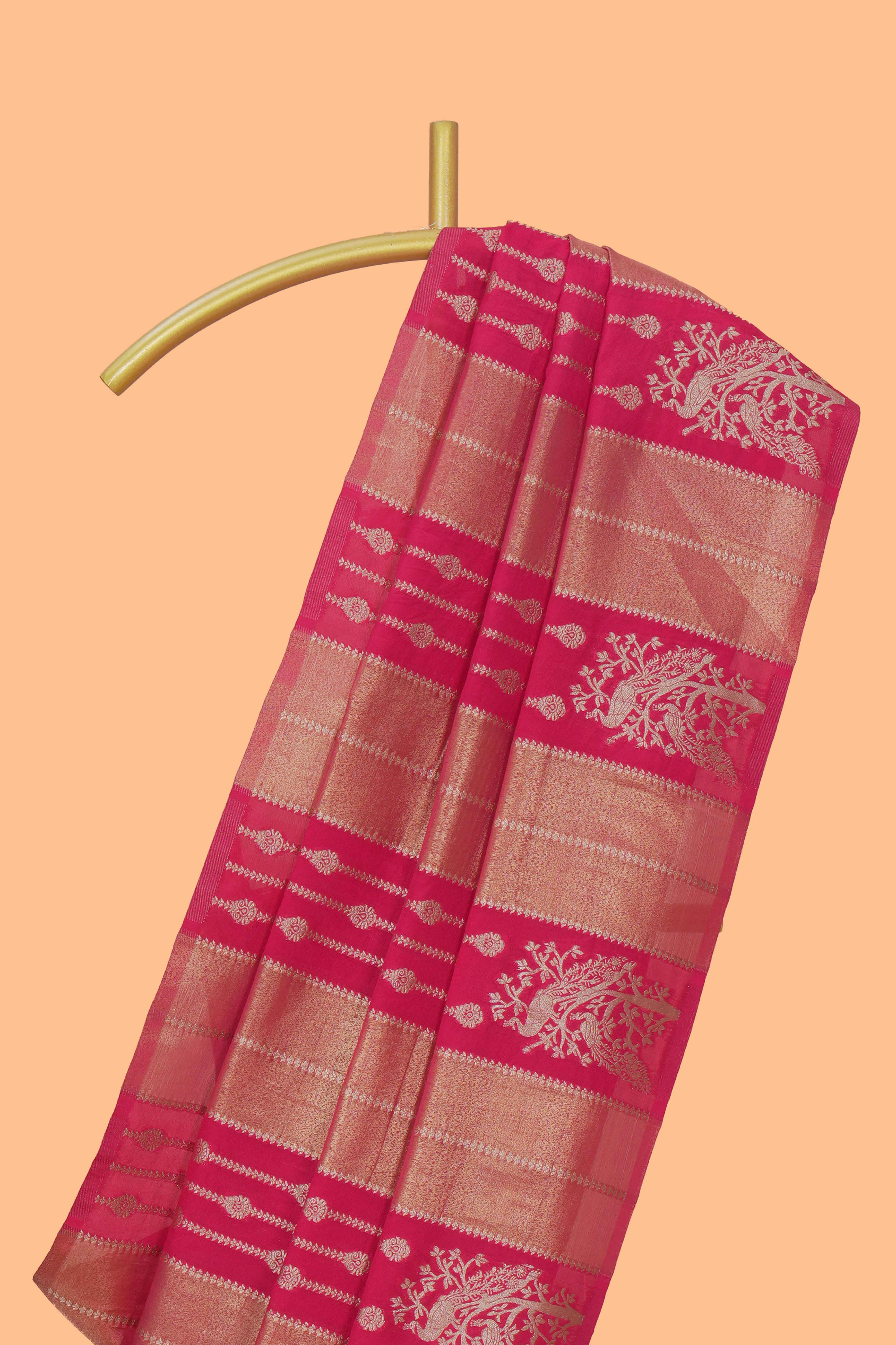 Borderless pink striped and peacock zari design raw silk saree with self zari pallu and matching blouse