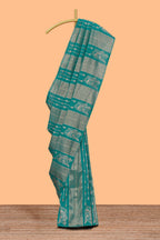 Borderless green striped and peacock zari design raw silk saree with self zari pallu and matching blouse