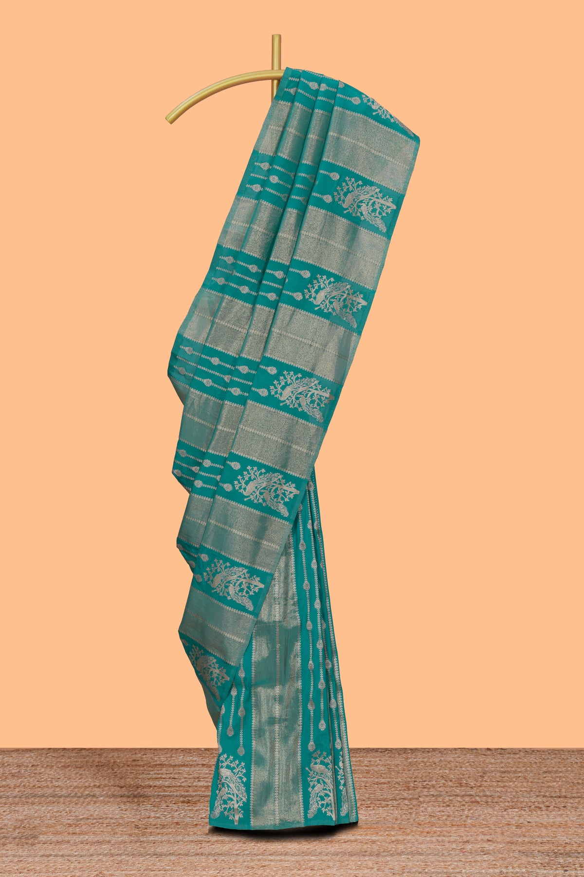 Borderless green striped and peacock zari design raw silk saree with self zari pallu and matching blouse