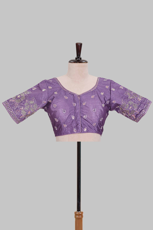 Lavender floral butta design embroidery work readymade designer blouse, sleeveless sweatheart neck with back tassels
