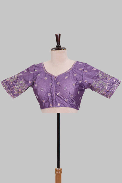 Lavender floral butta design embroidery work readymade designer blouse, sleeveless sweatheart neck with back tassels