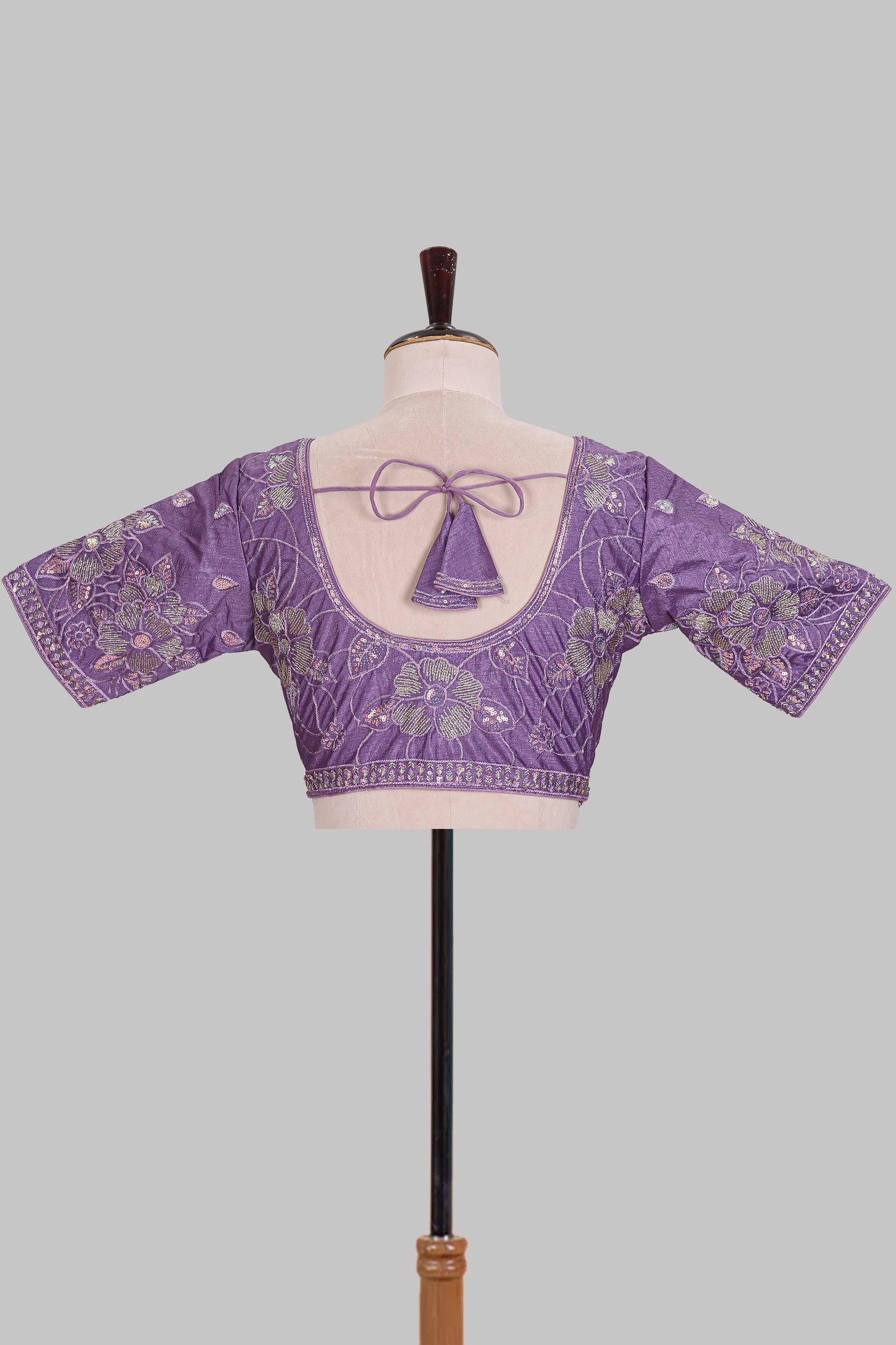 Lavender floral butta design embroidery work readymade designer blouse, sleeveless sweatheart neck with back tassels