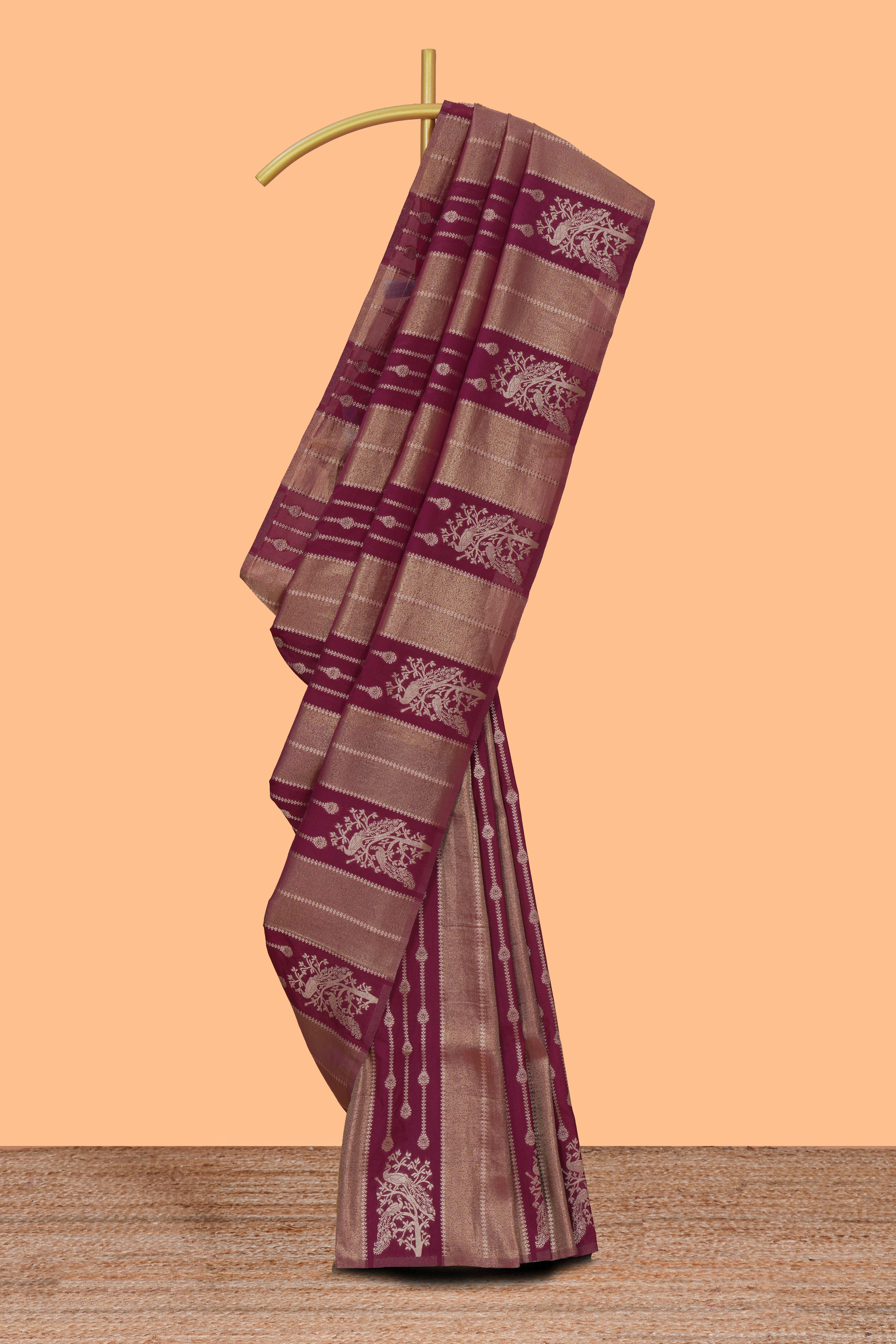 Borderless maroon striped and peacock zari design raw silk saree with self zari pallu and matching blouse
