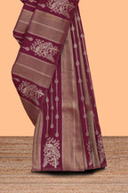 Borderless maroon striped and peacock zari design raw silk saree with self zari pallu and matching blouse