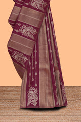 Borderless maroon striped and peacock zari design raw silk saree with self zari pallu and matching blouse