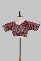 Maroon floral butta design embroidery work readymade designer blouse, sleeveless V neck with back tassels