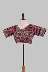 Maroon floral butta design embroidery work readymade designer blouse, sleeveless V neck with back tassels