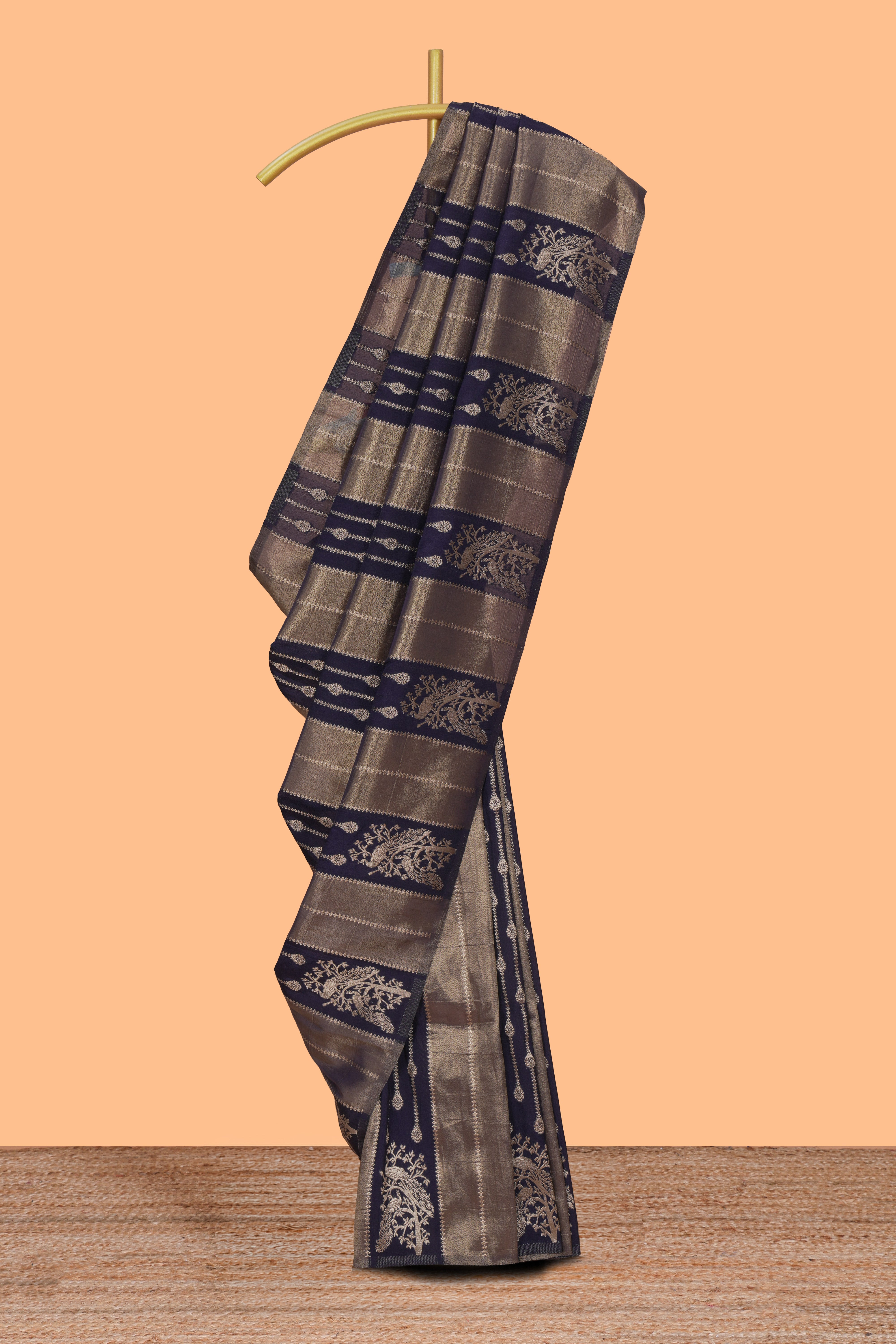 Borderless blue striped and peacock zari design raw silk saree with self zari pallu and matching blouse