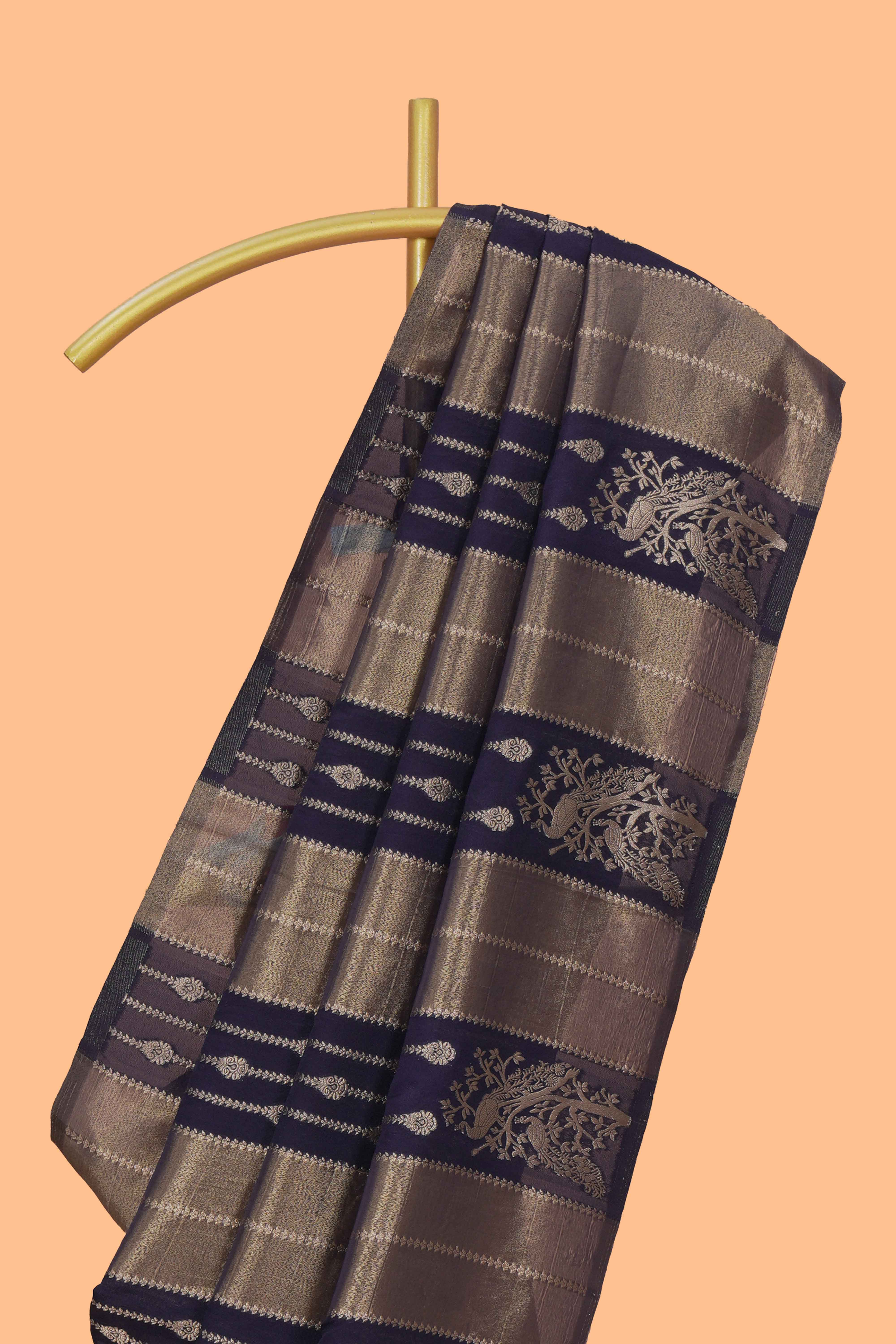 Borderless blue striped and peacock zari design raw silk saree with self zari pallu and matching blouse