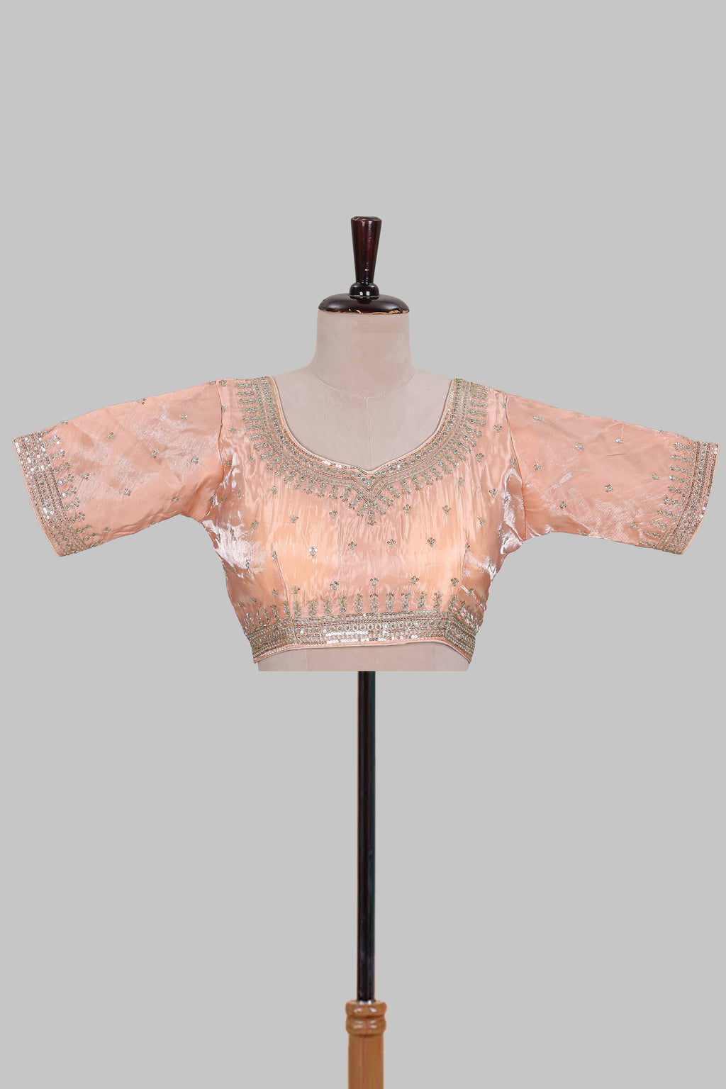 Peach butta chamki embroidery work readymade designer blouse, sleeveless U neck with back tassels