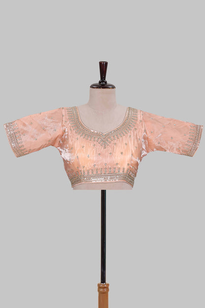 Peach butta chamki embroidery work readymade designer blouse, sleeveless U neck with back tassels