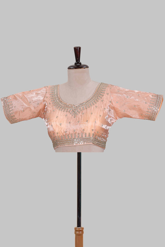 Peach butta chamki embroidery work readymade designer blouse, sleeveless U neck with back tassels