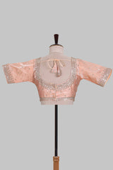 Peach butta chamki embroidery work readymade designer blouse, sleeveless U neck with back tassels