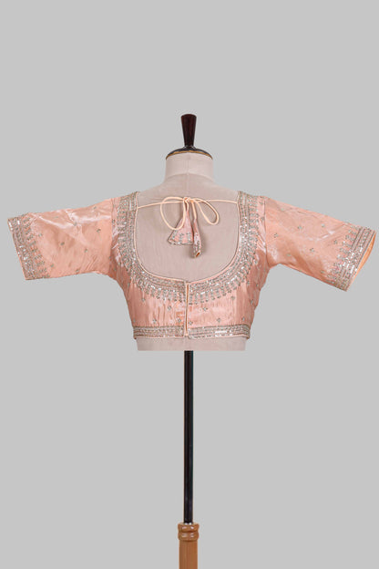 Peach butta chamki embroidery work readymade designer blouse, sleeveless U neck with back tassels