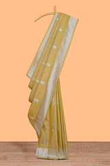 Mustard floral zari motifs design raw silk saree with self zari border and matching motifs blouse