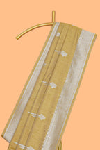 Mustard floral zari motifs design raw silk saree with self zari border and matching motifs blouse