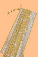 Mustard floral zari motifs design raw silk saree with self zari border and matching motifs blouse