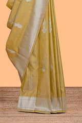 Mustard floral zari motifs design raw silk saree with self zari border and matching motifs blouse