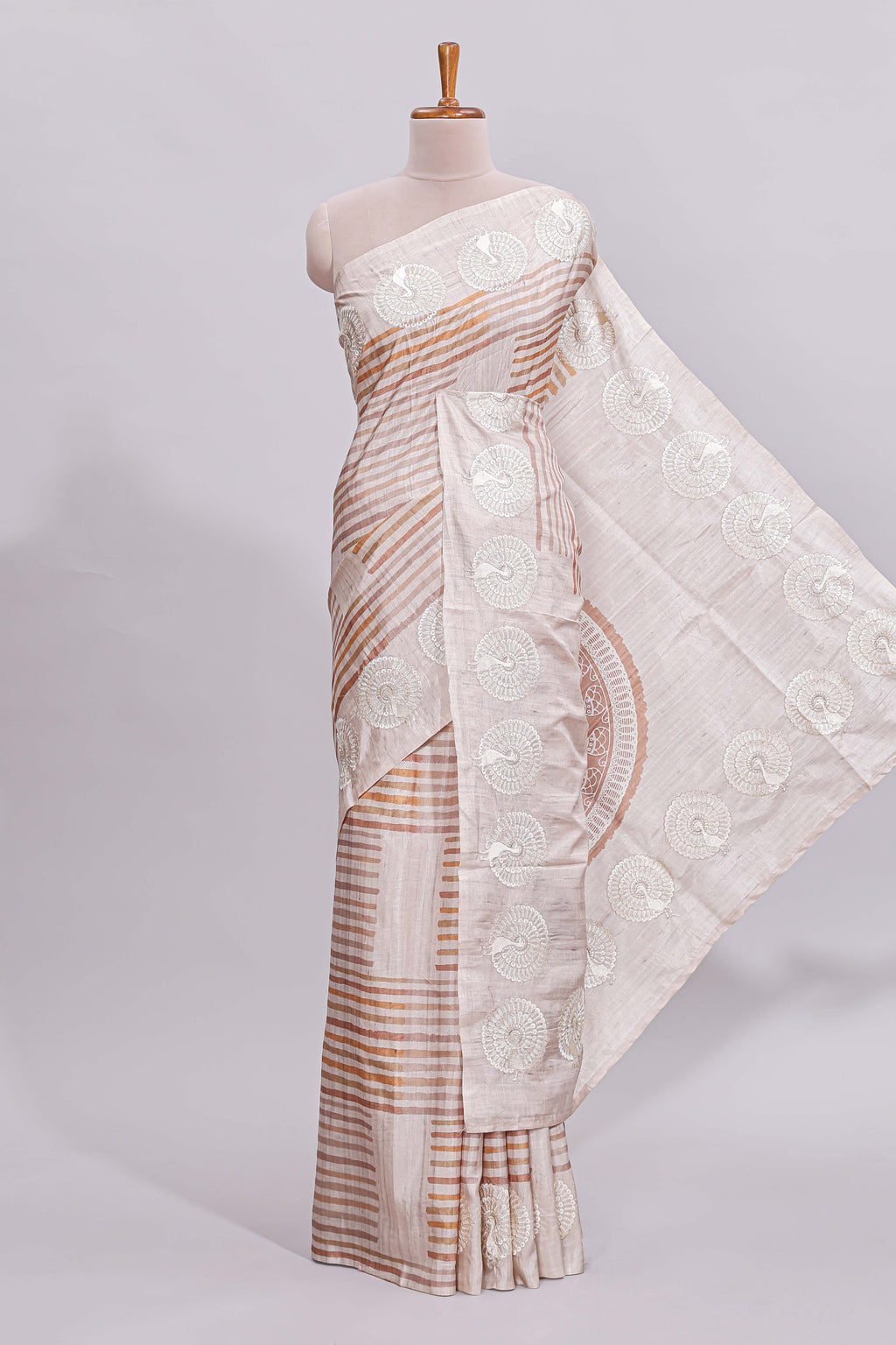 Beige striped design raw silk saree with self border and matching blouse