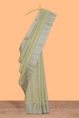 Green checked zari design raw silk saree with self zari border and matching striped blouse