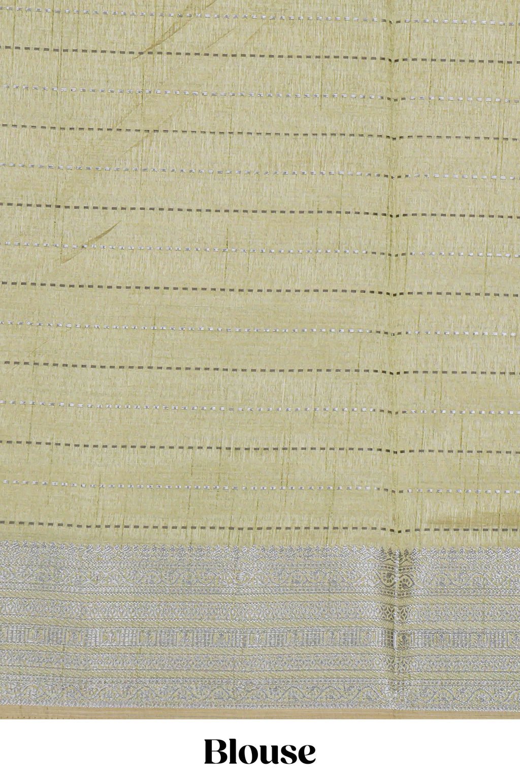 Green checked zari design raw silk saree with self zari border and matching striped blouse