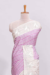Beige striped design raw silk saree with self border and matching blouse