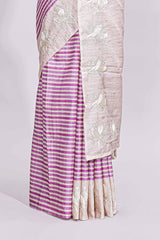 Beige striped design raw silk saree with self border and matching blouse