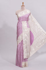 Beige striped design raw silk saree with self border and matching blouse