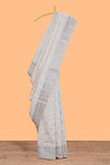Off white checked zari design raw silk saree with self zari border and matching striped blouse
