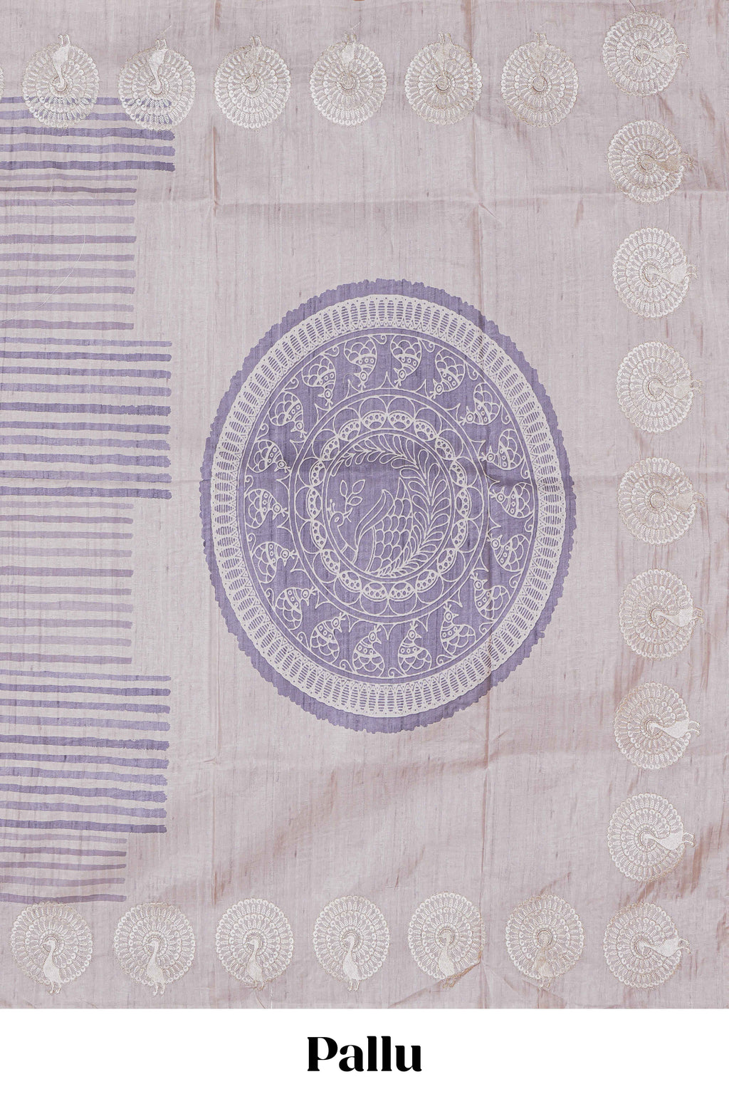 Off white striped design raw silk saree with self peacock design embroidery border and matching checked blouse