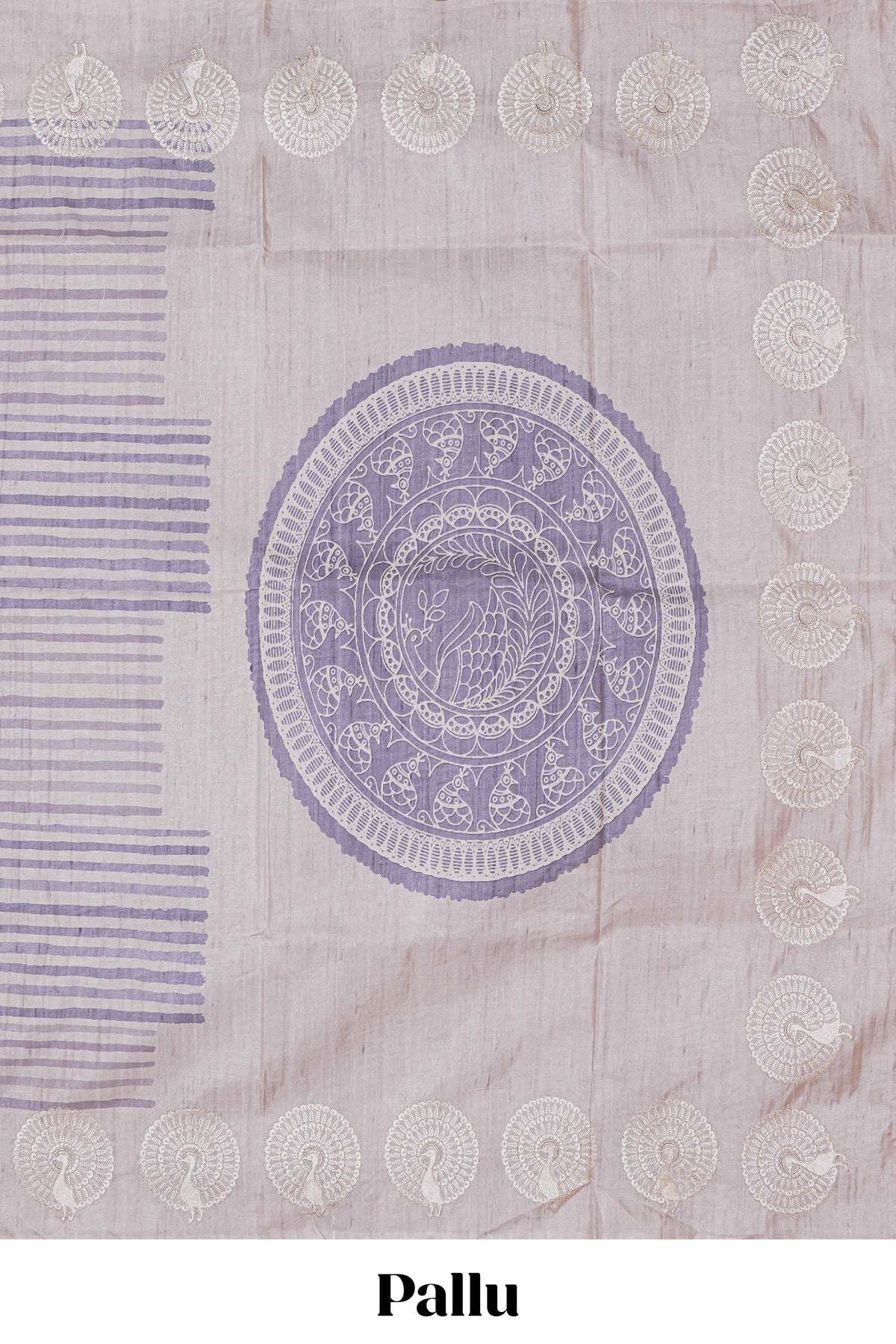 Off white striped design raw silk saree with self peacock design embroidery border and matching checked blouse