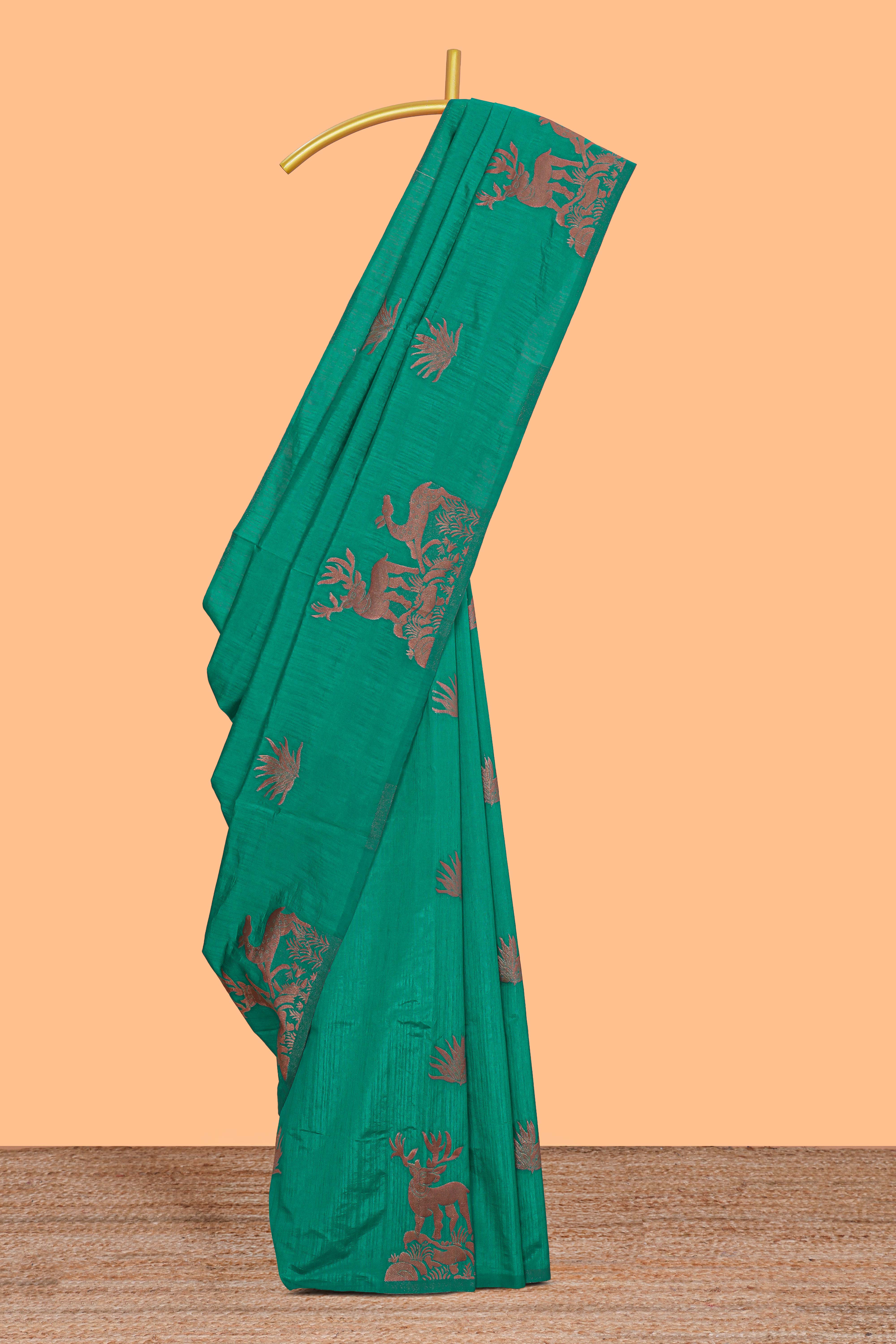 Borderless green zari motifs design raw silk saree with self zari pallu and matching blouse