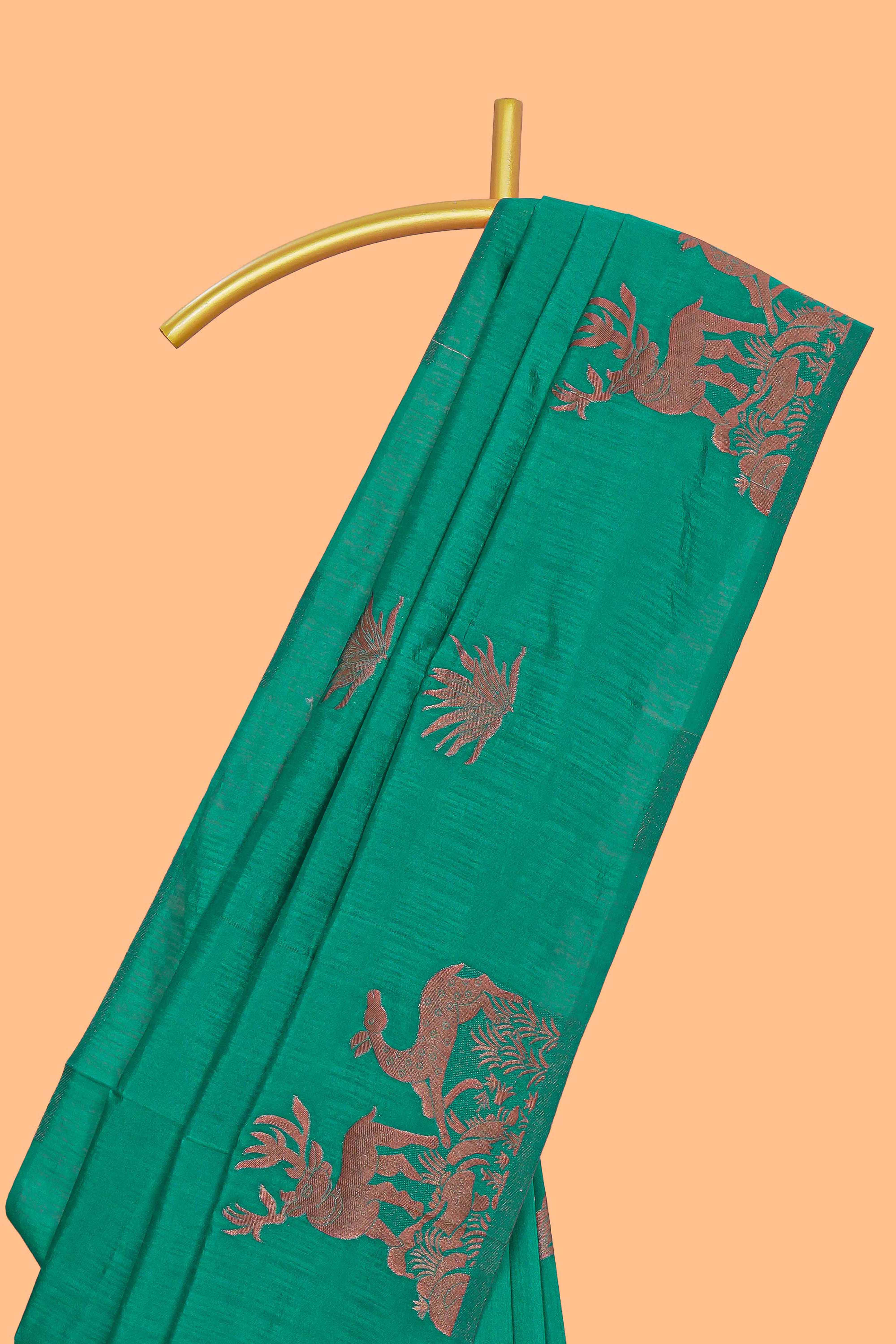 Borderless green zari motifs design raw silk saree with self zari pallu and matching blouse
