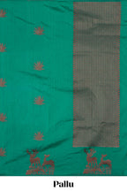 Borderless green zari motifs design raw silk saree with self zari pallu and matching blouse