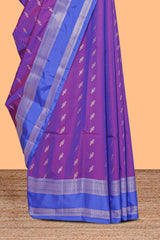 Violet zari motifs design raw silk saree with contrast zari border and zari design blouse